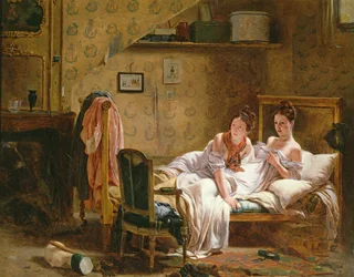 Two Women in a Bed Disturbed by a Cat